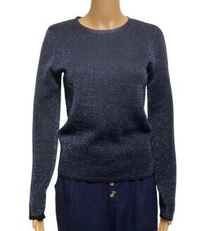 Club Monaco Fine Merino Wool Blend Shimmer Knit Crewneck Sweater Navy Blue S/P